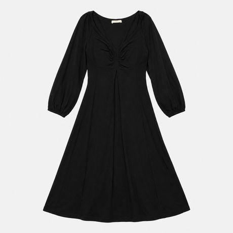 Midi Dress in Black Jersey with Ruched V-Neck