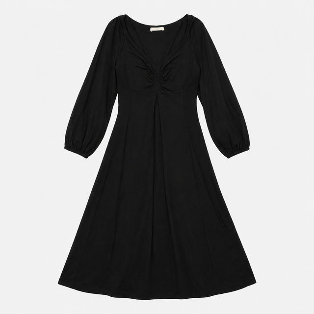 Midi Dress in Black Jersey with Ruched V-Neck