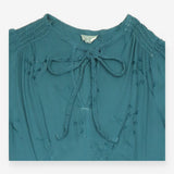 Midi Dress Teal Blue Embroidered Tie Neck Long Sle