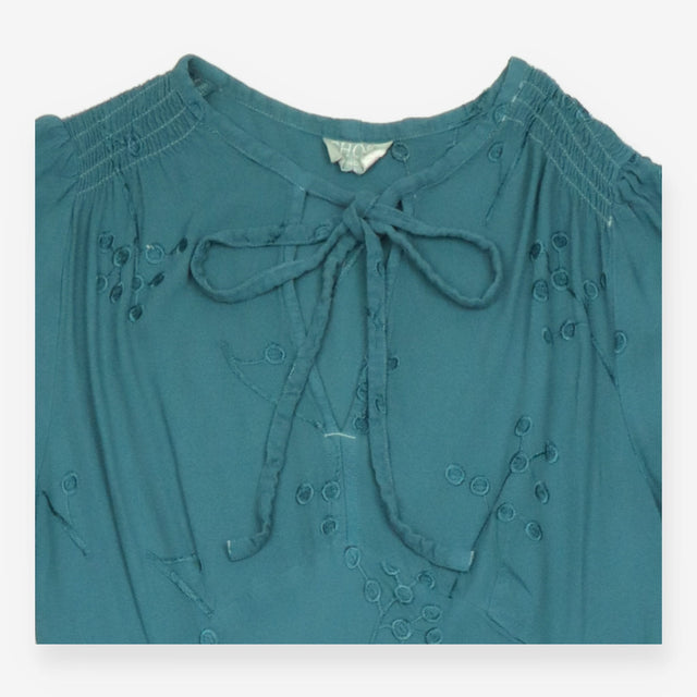Midi Dress Teal Blue Embroidered Tie Neck Long Sle