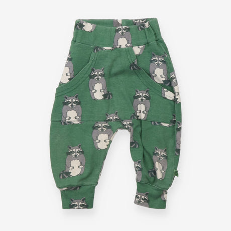 Green joggers with raccoons