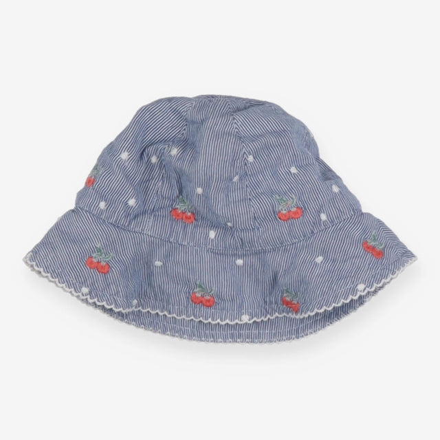 Blue and white striped sunhat with cherries
