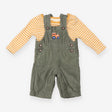 Outfit green cord dungarees tractor yellow stripe 