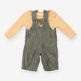 Outfit green cord dungarees tractor yellow stripe 