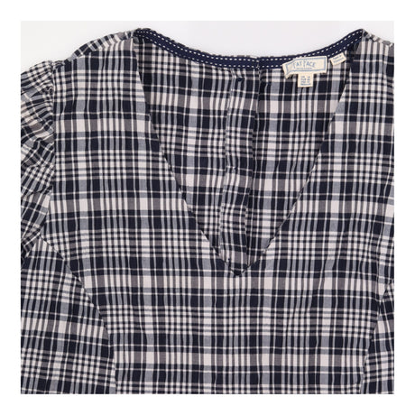Navy & White Check Puff Sleeve V-Neck Midi Dress