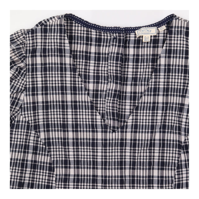 Navy & White Check Puff Sleeve V-Neck Midi Dress