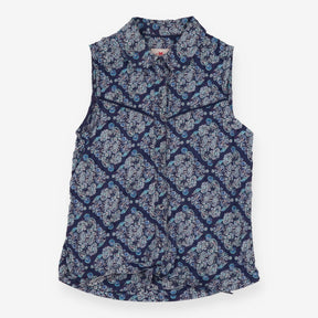 Shirt sleeveless blue paisley tie up