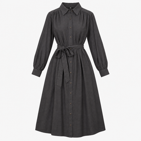 Shirt Dress Dark Grey Long Sleeve Belted Midi