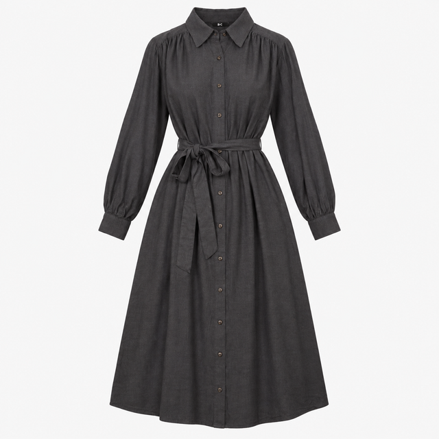 Shirt Dress Dark Grey Long Sleeve Belted Midi