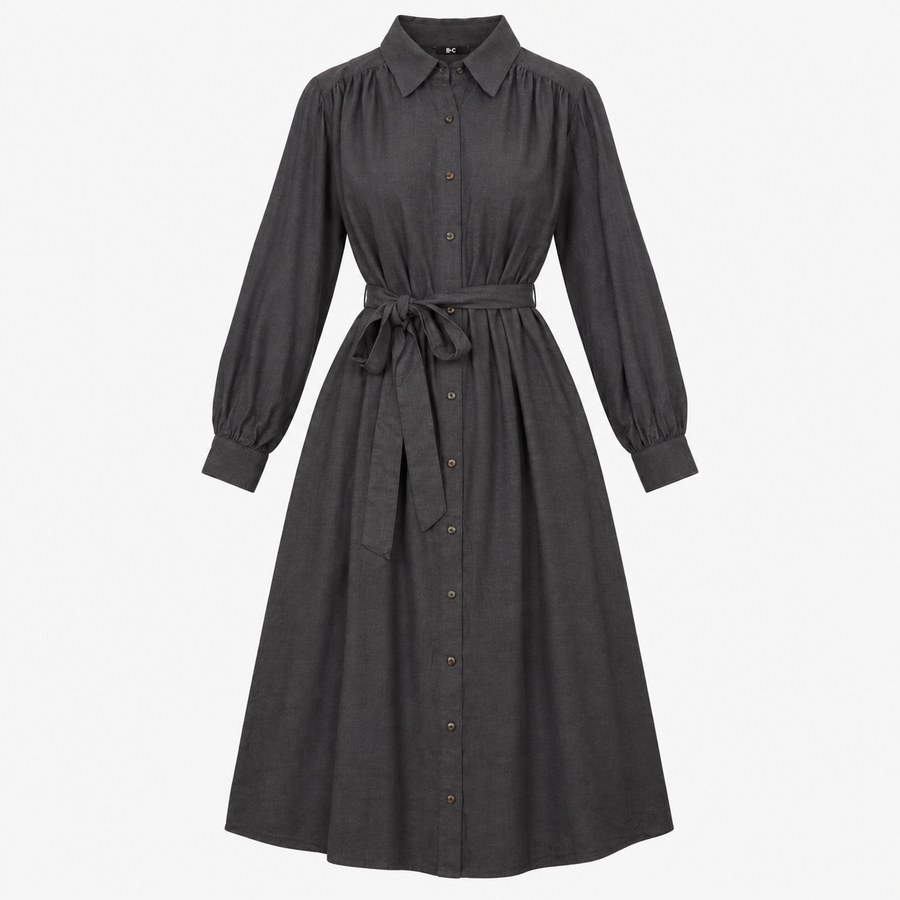 Shirt Dress Dark Grey Long Sleeve Belted Midi