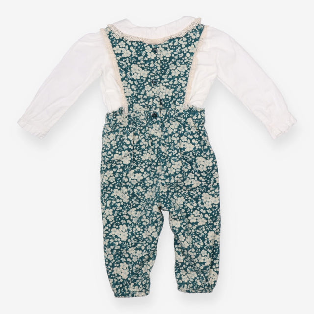 Outfit dungaree green floral with white shirt