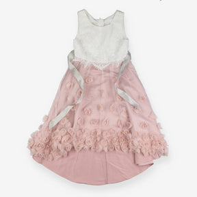 White lace dress with pink rose tulle skirt