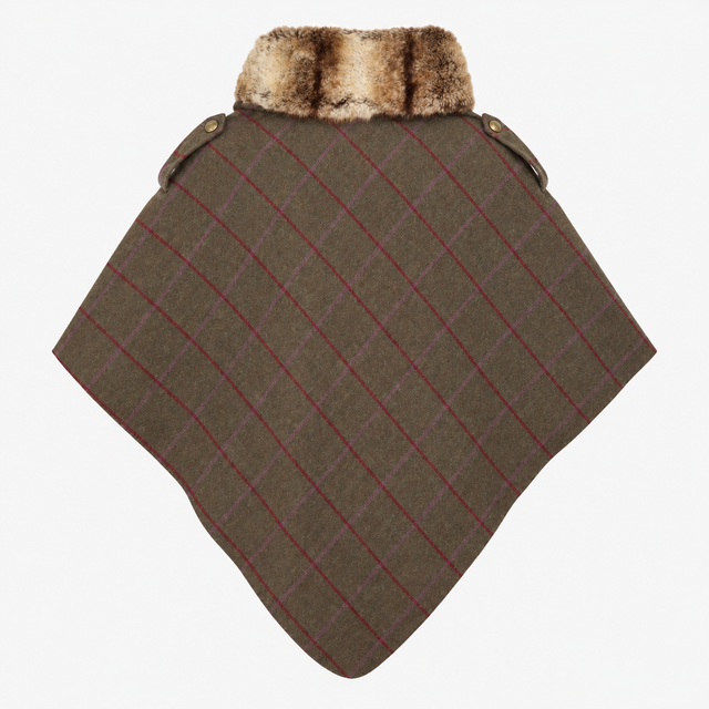 Poncho Wool Blend Faux Fur Collar Checked Dark Gre