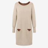 Midi Sweater Dress Cream & Brown Merino Wool, Silk
