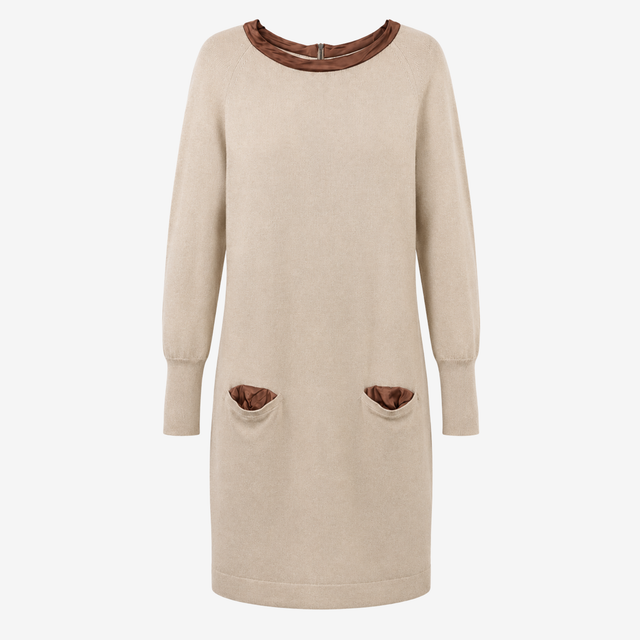 Midi Sweater Dress Cream & Brown Merino Wool, Silk