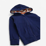 Zipped hoodie navy with orange stripe hood 