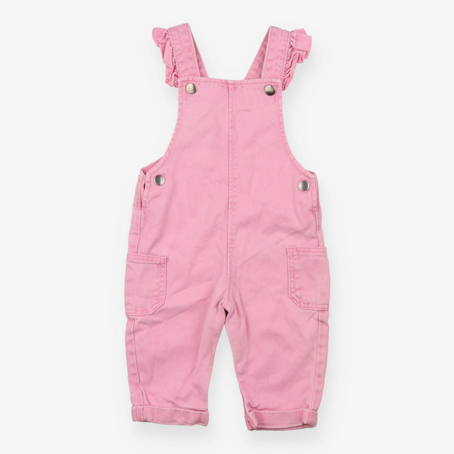 Pink denim dungarees with frill straps