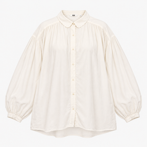 White Viscose Cotton Gathered Long Sleeve Shirt