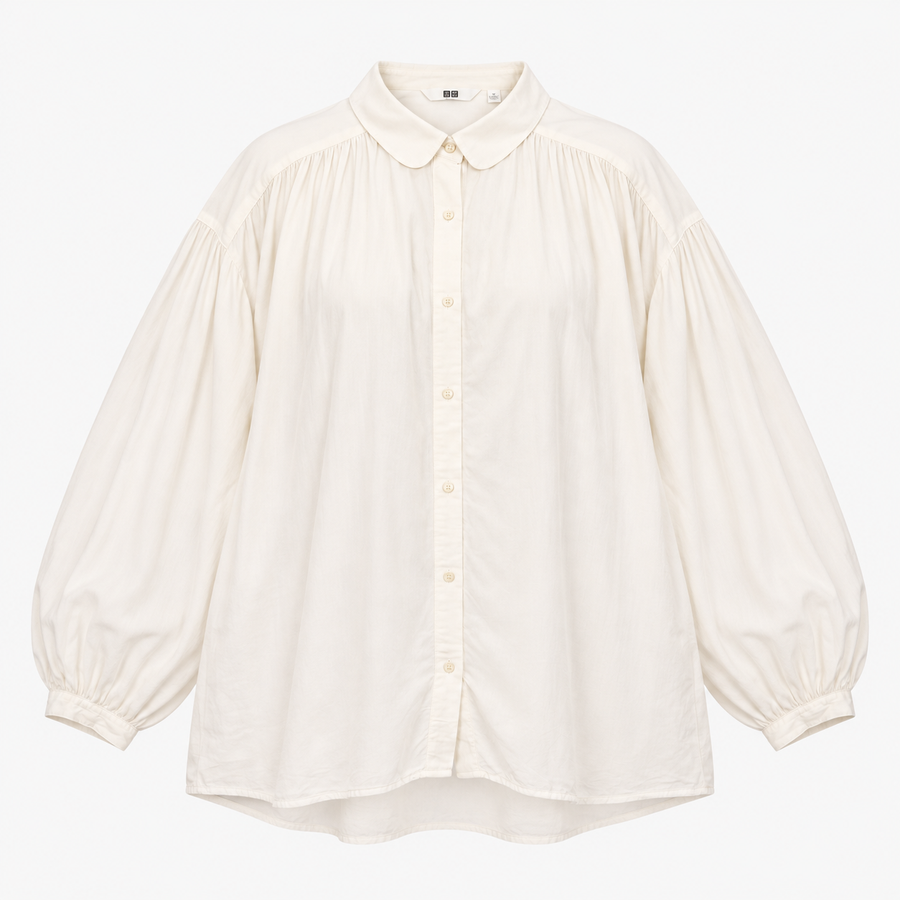 White Viscose Cotton Gathered Long Sleeve Shirt