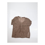 Top Brown Leopard Print Studded Neck Short Sleeve