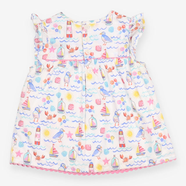 Summer Dress White with Ruffled Shoulders and Mult