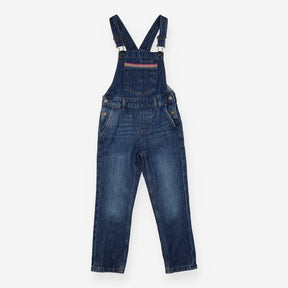 Blue dungarees with rainbow stitch pockets