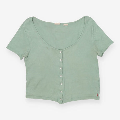 Top Short Sleeve Green Ribbed Pointelle Cropped