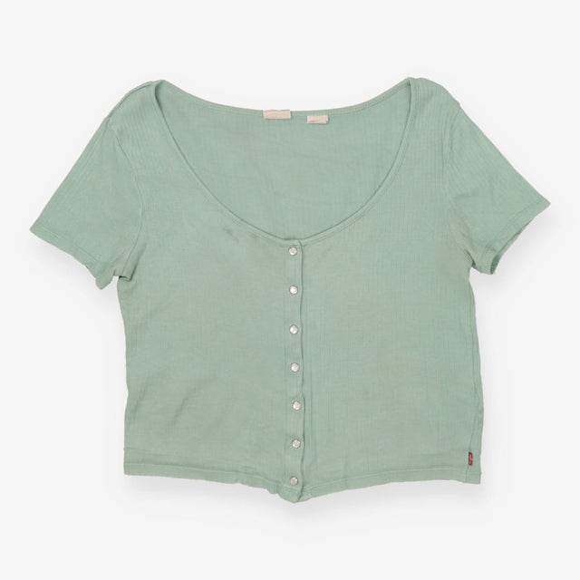 Top Short Sleeve Green Ribbed Pointelle Cropped