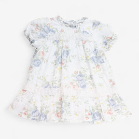 Dress White with Flowers & Lace Detail & Frill Det