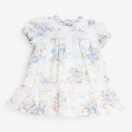 Dress White with Flowers & Lace Detail & Frill Det