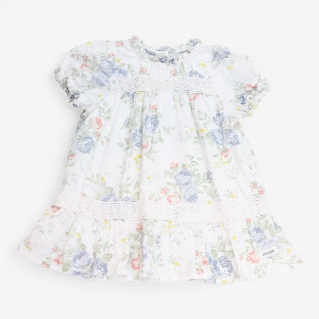 Dress White with Flowers & Lace Detail & Frill Det