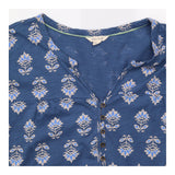 Blue Floral Print V Neck Short Sleeve Cotton Tunic