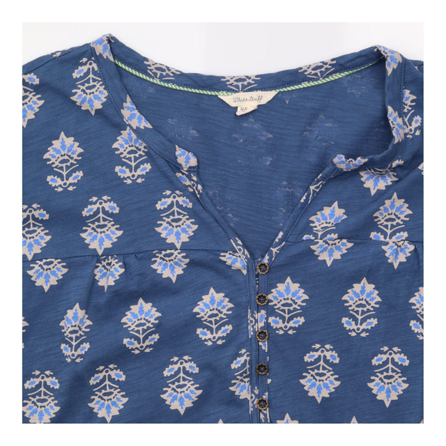 Blue Floral Print V Neck Short Sleeve Cotton Tunic