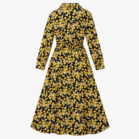 Black & Yellow Floral Long Sleeve Shirt Maxi Dress