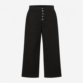 Black Cotton Stretch Wide Leg Button Fly Trousers