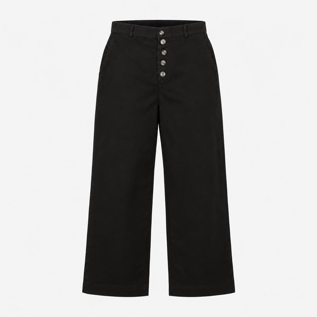 Black Cotton Stretch Wide Leg Button Fly Trousers