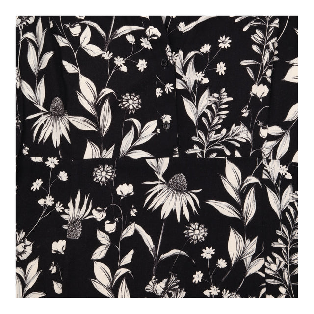 Black and Cream Floral Long Sleeve Midi Shirt Dres