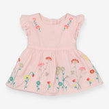 Dress pink frill sleeves embroidery flowers