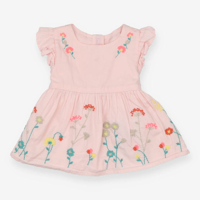 Dress pink frill sleeves embroidery flowers