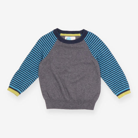 Grey Sweater with Blue Striped Sleeves
