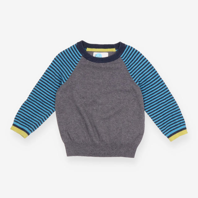 Grey Sweater with Blue Striped Sleeves