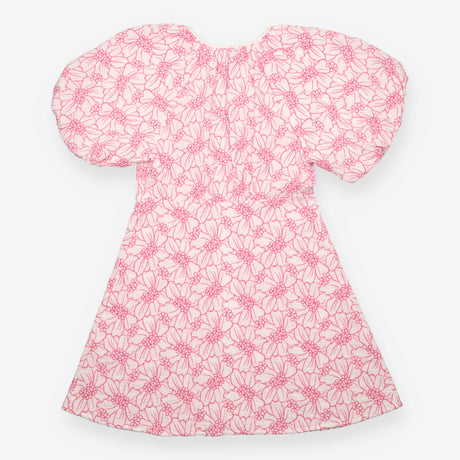 White and Pink Embroidered Floral Puff Sleeve Mini