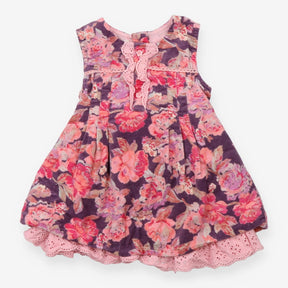 Pinafore dress purple cord pink lining pink flower
