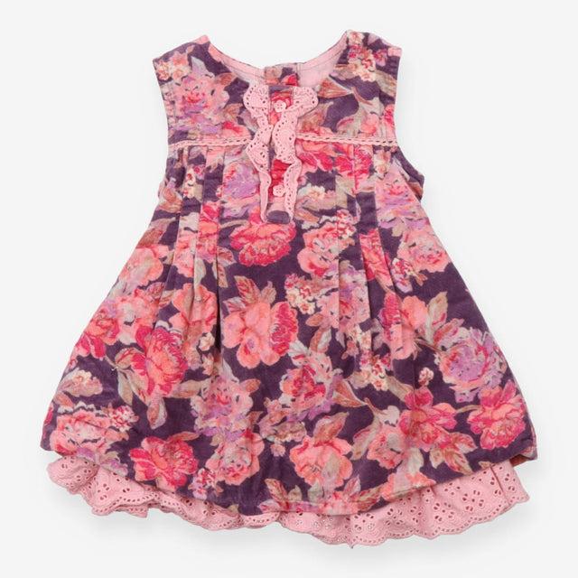 Pinafore dress purple cord pink lining pink flower