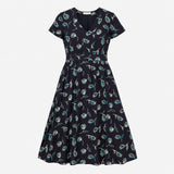 Navy Teal Tulip Print V Neck Short Sleeve Midi Dre