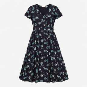 Navy Teal Tulip Print V Neck Short Sleeve Midi Dre
