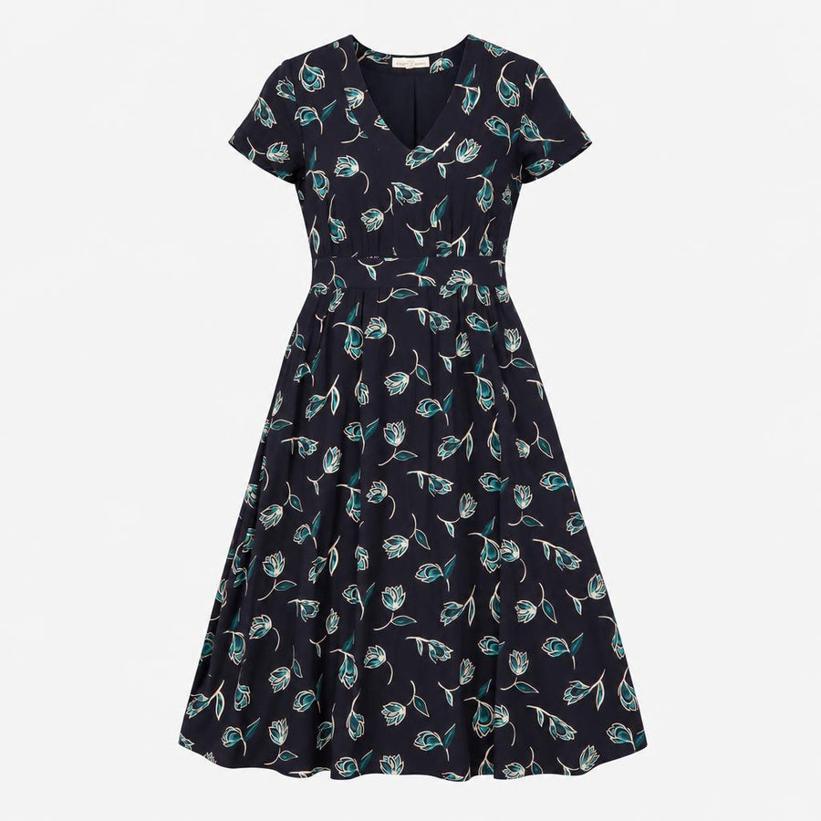 Navy Teal Tulip Print V Neck Short Sleeve Midi Dre