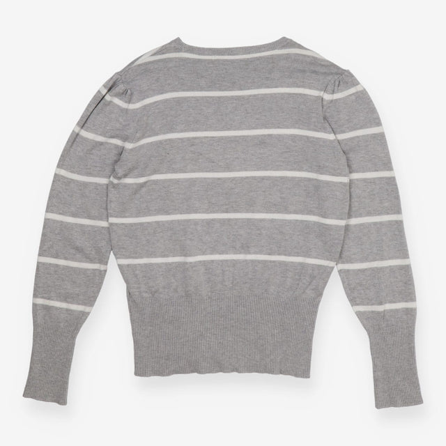 Grey & White Puff Sleeve Sweater – Soft Knit Contr
