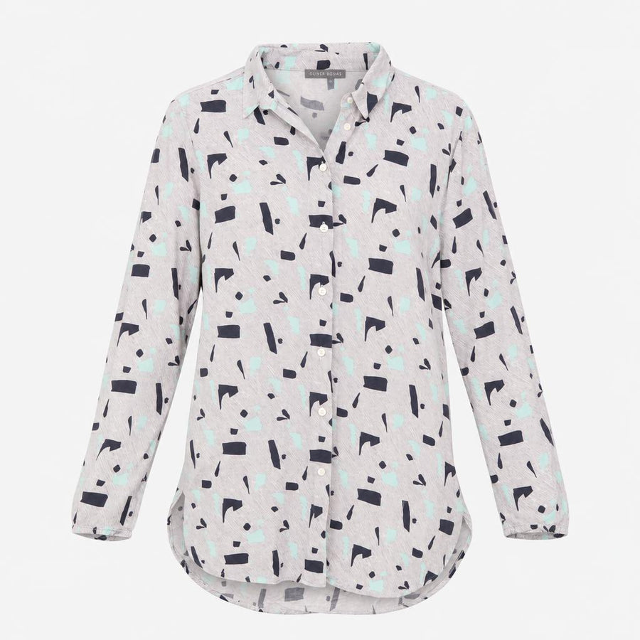 Grey Mint Abstract Print Long Sleeve Button Front 