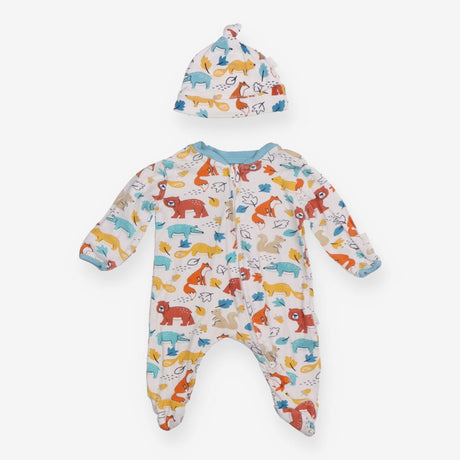 Sleepsuit zip animals in autumn and hat set